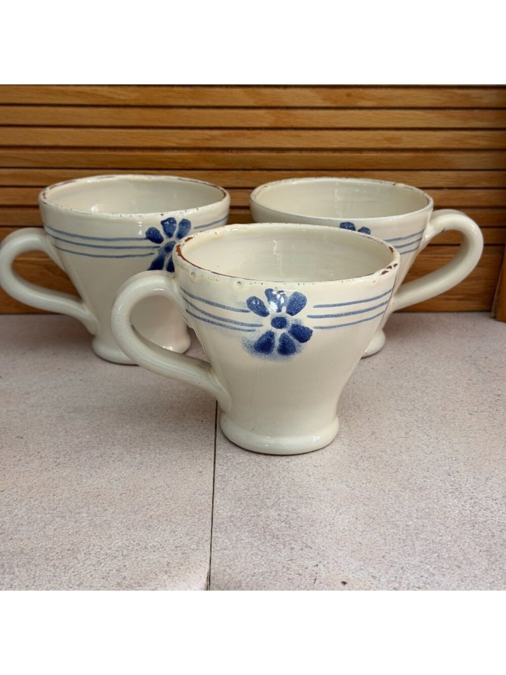 Vietri Italy Three Blue Floral White Rustic Glaze Terracotta Hand-Painted Mugs